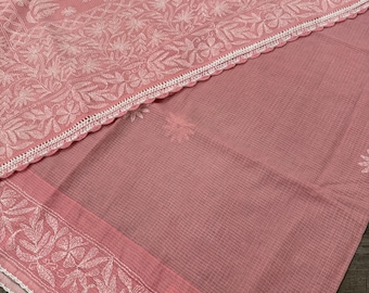 Peachy Pink Chikankari Pure Kota Cotton Saree /Fall and Petticoat Included / Free Shipping in US
