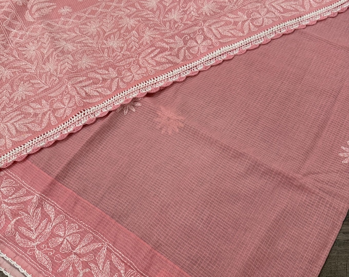 Peachy Pink Chikankari Pure Kota Cotton Saree /Fall and Petticoat Included / Free Shipping in US