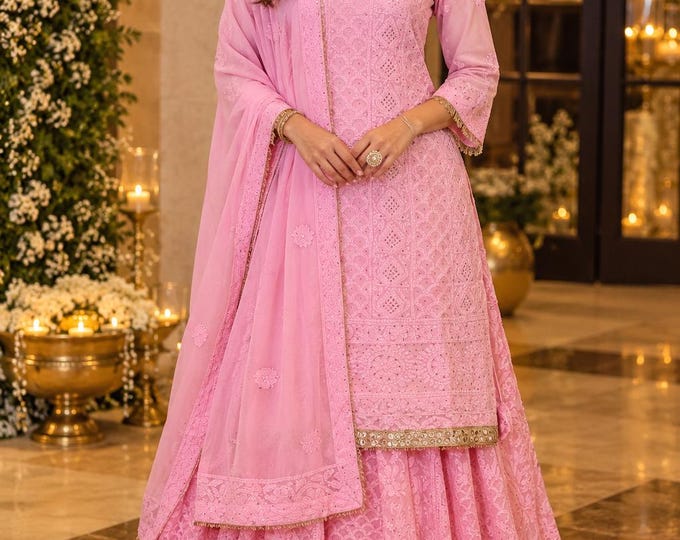 Fine Georgette Pink Chikankari Lehenga , Kurta and Dupatta / Ready to wear- Size Medium/ Free Shipping in US