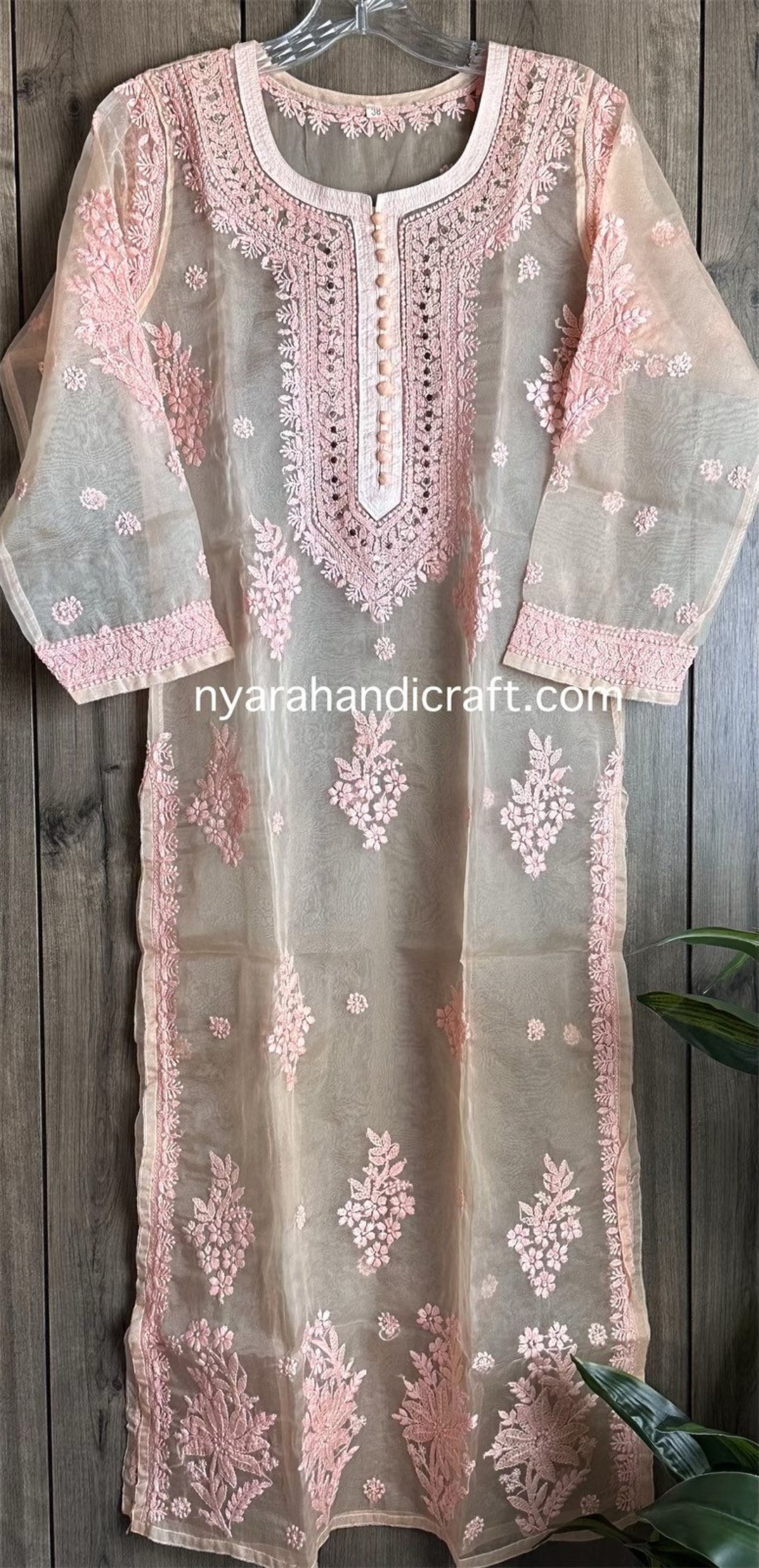 Peach Organza Peacock Chikankari Kurta