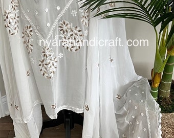 Lucknow Chikankari White Dupatta with Gota / Fine Georgette/Free Shipping in US