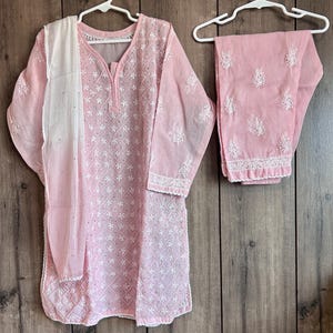 Conjunto de kurta palazzo rosa para niñas, algodón suave con mukaish, envío gratuito en EE. UU.