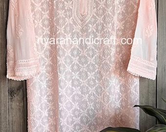 Lucknow Chikankari Peach Kurta on Georgette / Liner included/ Free Shipping in US