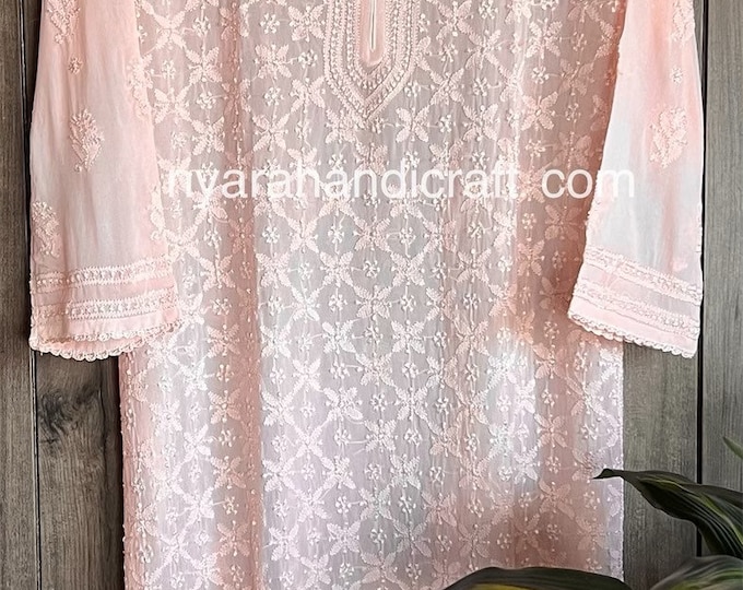 Lucknow Chikankari Peach Kurta on Georgette / Liner included/ Free Shipping in US