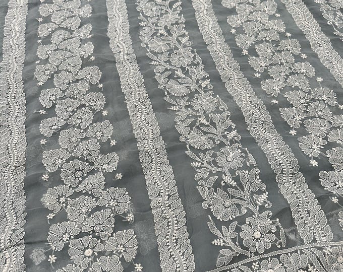 Lucknow Chikankari Gray Saree on Georgette /  Hand Embroidery /Free Shipping in US