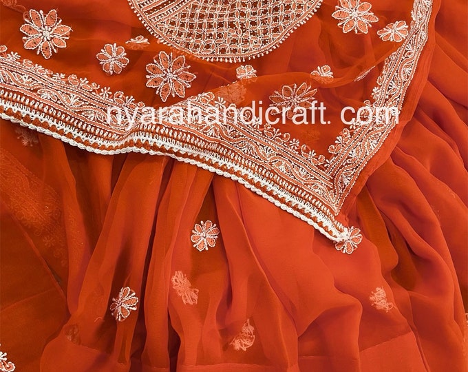 Orange Chikankari Saree on Georgette / Mukaish Work / Petticoat included /Free Shipping