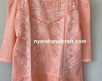 Chikankari Pure Cotton Kurti/ Cold Shoulder Blouse/ Hand Embroidered/Free Shipping in US