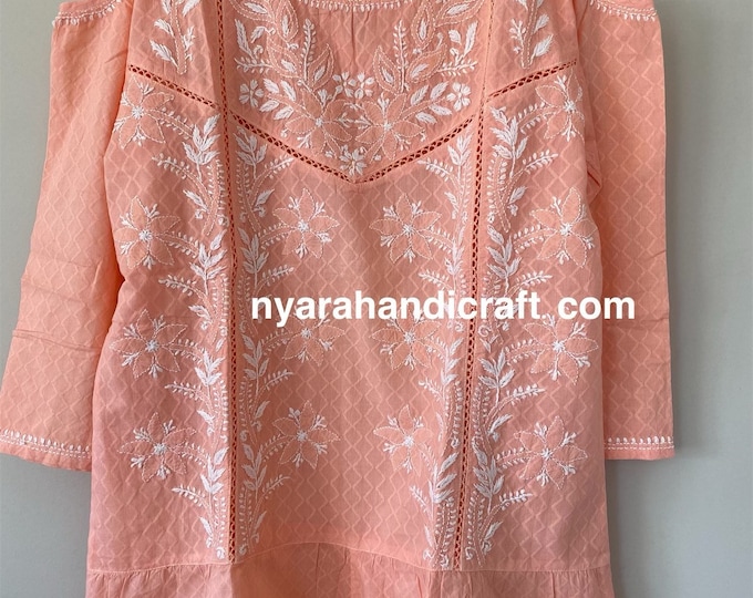 Chikankari Pure Cotton Kurti/ Cold Shoulder Blouse/ Hand Embroidered/Free Shipping in US