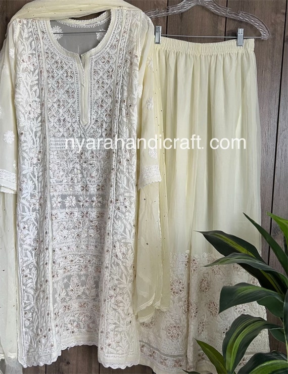 white christmas dresses Lucknowi Chikankari Heavy Side Dori Angrakha Gown – The Chikan Company