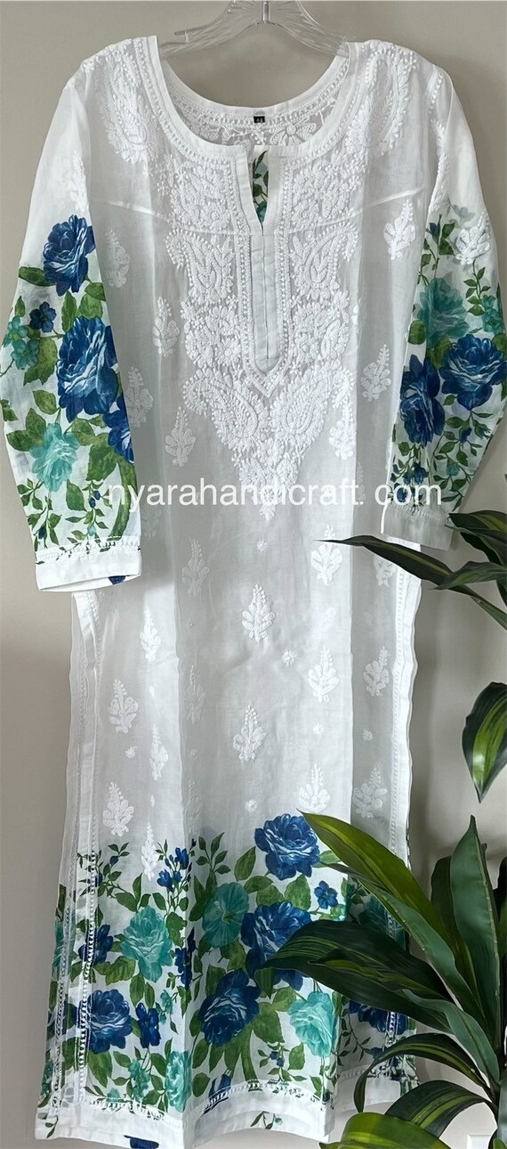 Lucknow Chikankari Kurta on Soft Mal Mal Cotton/floral Print/ - Etsy UK