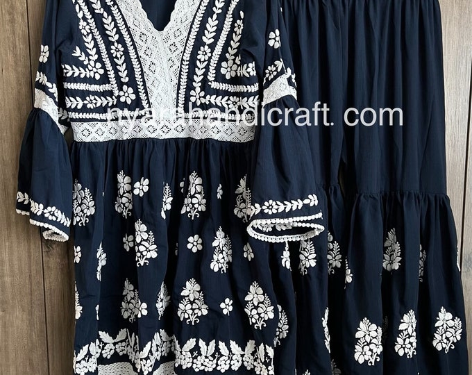 Navy Blue Lucknow Chikankari Short Kurta and Gharara / Free Shipping