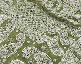 Chikankari Green Saree with Sequins and beads / Hand Embroidery / Free Shipping in US