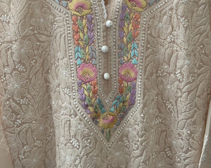 Parsi Embroidery Blush Beige Chikankari Kurta / Liner included/Free Shipping in US