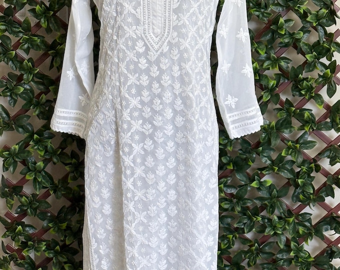 White Chikankari Kurta on Georgette / FREE SHIPPING in US