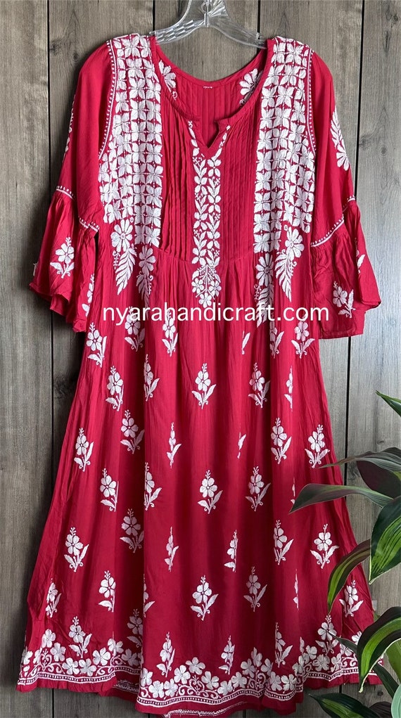 lucknow cotton dresses Lucknow Chikankari Red Kurta on Modal Cotton / in US