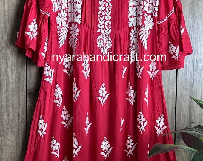 Lucknow Chikankari Red Kurta on Modal Cotton / Free Shipping in US