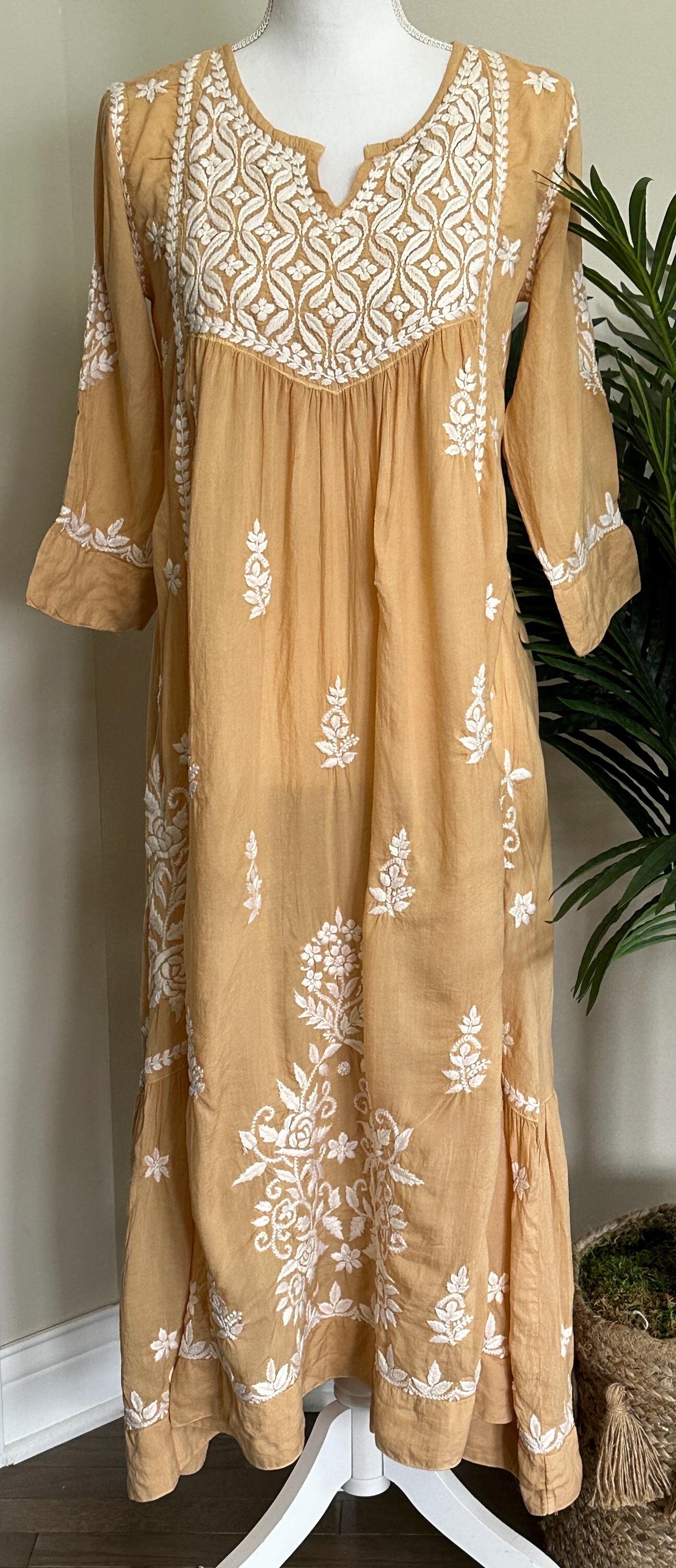 Modal Cotton Chikankari Beige A Line Kurta / Free Shipping in US