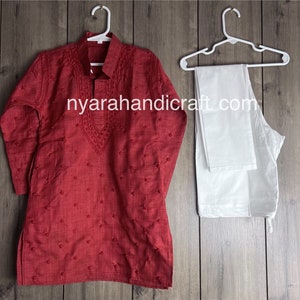 Chikankari Boys Red Kurta Pajama / Free Shipping in US