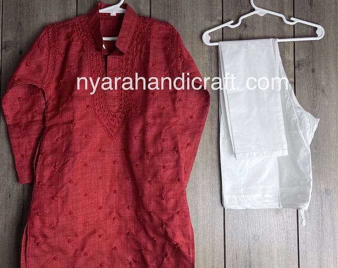 Chikankari Boys Red Kurta Pajama / Free Shipping in US