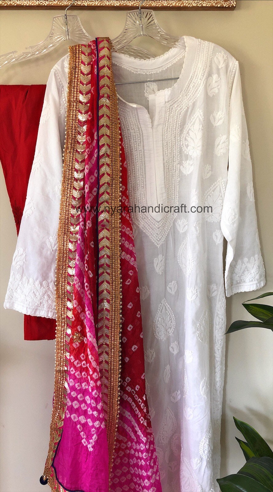 Buy Shaily Women Pink & White Bandhani Print Kurta With Trousers & Dupatta  (set Of 3) online