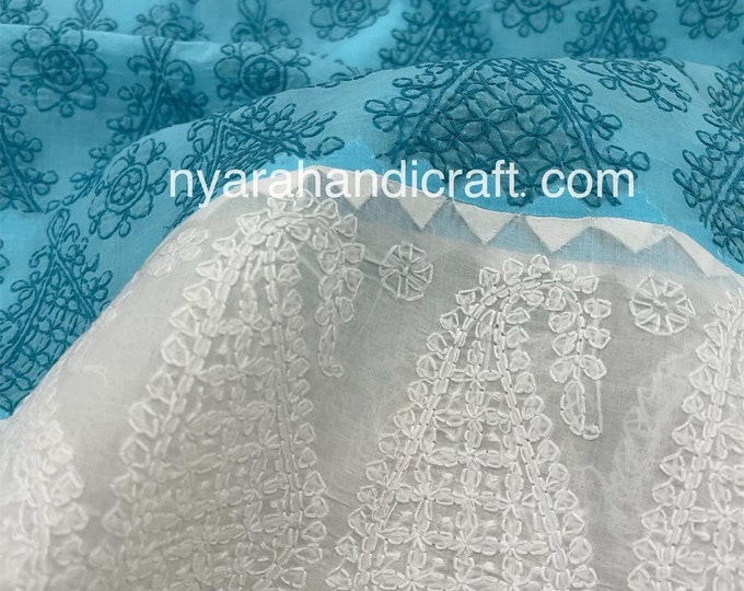 Blue and White Chikankari Saree on Pure Cotton / Petticoat included / Free Shipping in US