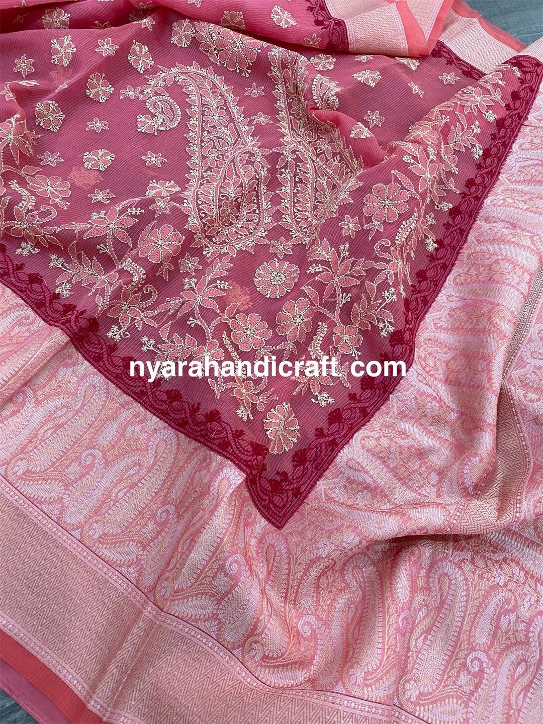 Chanderi silk Chikankari saree-Onion Pink