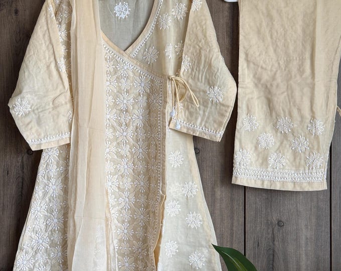 Beige Chikankari Girls Kurta Pants Set / Soft Cotton /Free Shipping in US