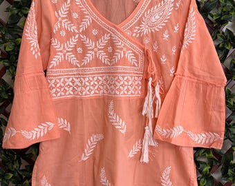 Peach Pure Cotton Hand Embroidered Blouse ,Short Kurti / Ships from Ohio