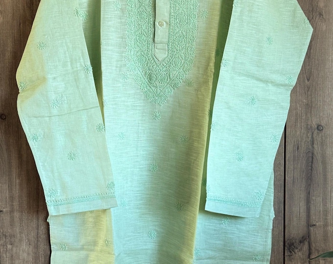 Men's Sage Green Chikankari Cotton Linen Kurta  / Hand Embroidered / Free Shipping in US