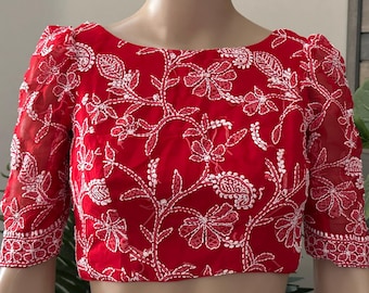 Red Chikankari Saree Blouse / Free Shipping in US