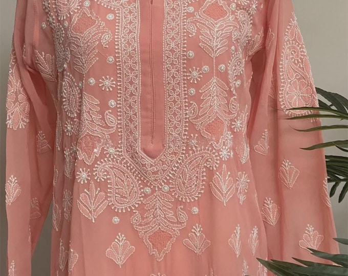 Lucknow Chikankari Peach Kurta on georgette/ Includes liner/Free Shipping in US