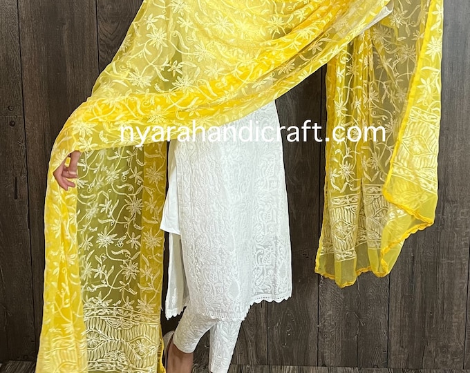 Lucknow Chikankari Yellow Dupatta / all over hand embroidery/Free Shipping in US