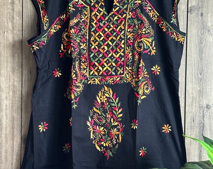 Black Chikankari Pure Cotton Blouse / Kurti / Free Shipping in US