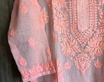 Peach Lucknow Chikankari Kurta  / Pure Cotton Kota Doriya /Free Shipping in US