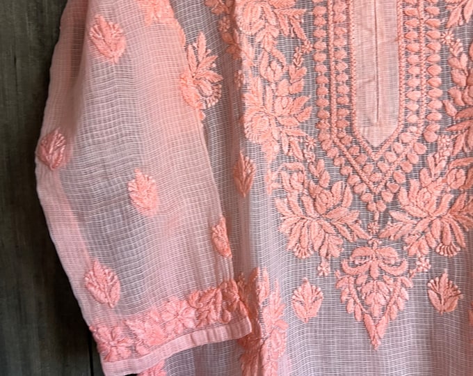 Peach Lucknow Chikankari Kurta  / Pure Cotton Kota Doriya /Free Shipping in US