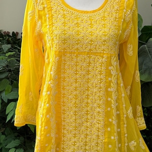 Yellow Chikankari Short A-Line Kurti Blouse / Georgette / Liner included/ Free Shipping in US