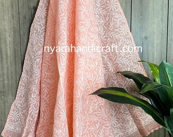 Dupatta Lucknow Chikankari em algodão cor pêssego / Frete grátis nos EUA