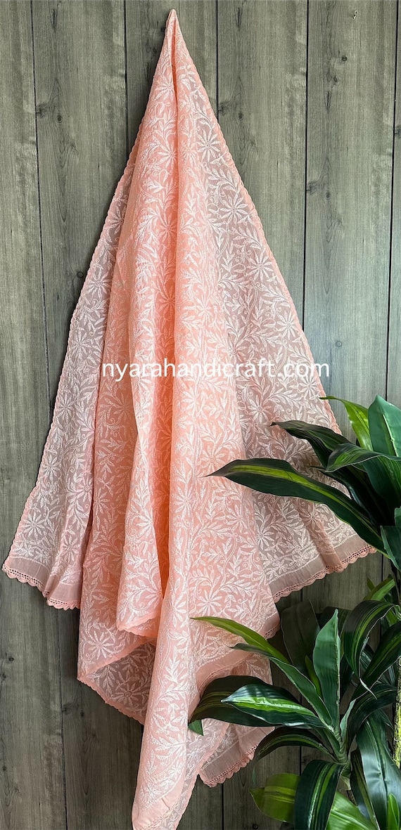 Lucknow Chikankari Peach Cotton Dupatta /  Free Shipping in US