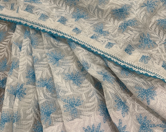 Blue White Chikankari Saree on Pure Kota Cotton / Fall and petticoat included/ Free Shipping