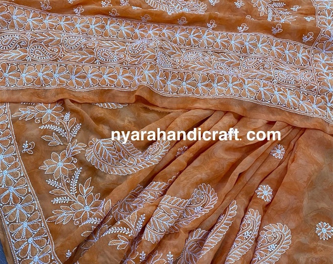 Lucknow Chikankari Orange Saree on printed georgette /Petticoat included/Free Shipping in US