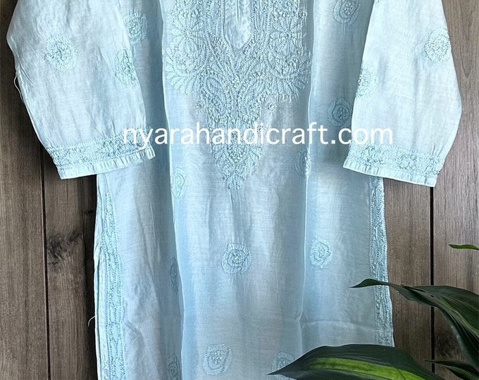 Light Powder Blue Chikankari Pure Chanderi Silk Kurta / Free Shipping in US