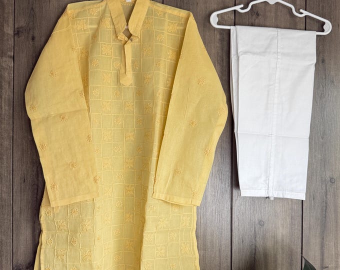 Boys Light Yellow Chikankari Kurta / FREE SHIPPING in US