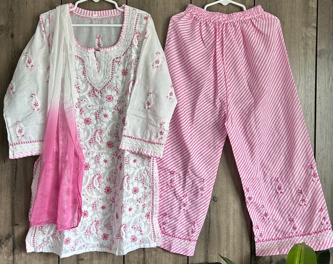 Girls White and Pink Kurta Palazzo Set / Soft Cotton /Free Shipping in US
