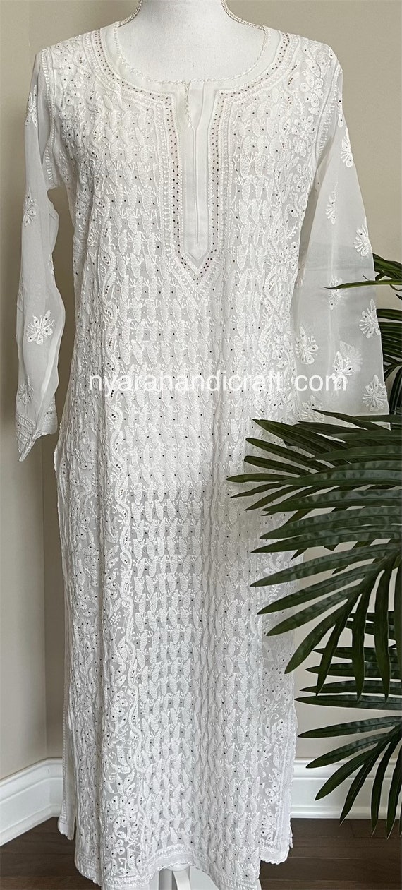 White Chikankari Kurti, Lucknowi White Viscose Chikan Kurta, Kurta Ethnic  Wear, Hand-embroidered Kurta Gift for Her, With Free White Inner - Etsy