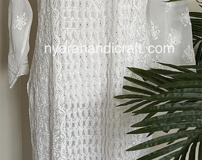 White Chikankari Kurta on Georgette with Mukaish / Liner included/FREE SHIPPING in US