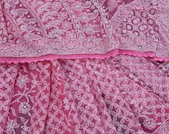 Heavy Chikankari Pink Saree with Sequins and beads / Hand Embroidery / Free Shipping in US