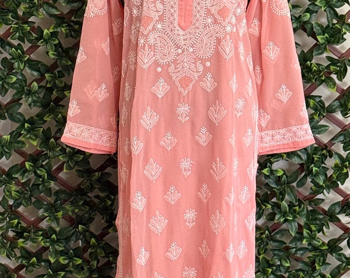 Lucknow Chikankari Peach Kurta on georgette/ Includes liner/Free Shipping in US