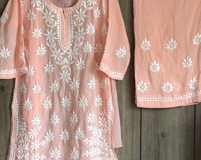 Girls Peach Kurta Palazzo Set on  Soft Modal Cotton /Free Shipping in US