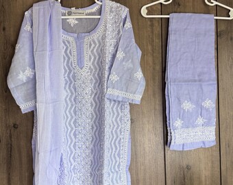 Lilac Chikankari Girls Kurta Pants Set / Soft Cotton /Free Shipping in US
