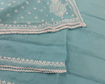 Blue Chikankari Cotton Saree / Fall and Petticoat included/ Free Shipping